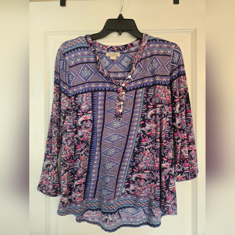 Lucky Brand Boho Festival Top Blue Pink Tribal Print Flowy Peasant Blouse S